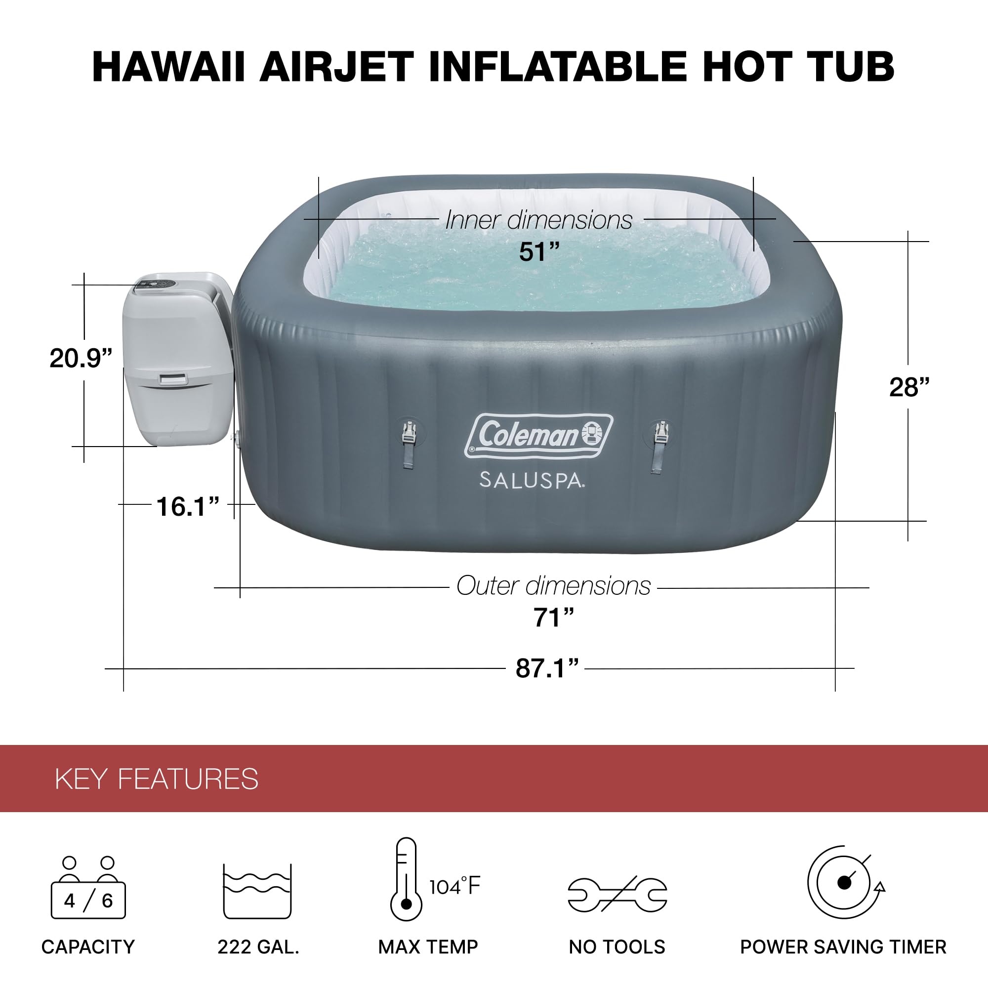 Coleman SaluSpa Inflatable Hot Tub Square Portable Outdoor Spa