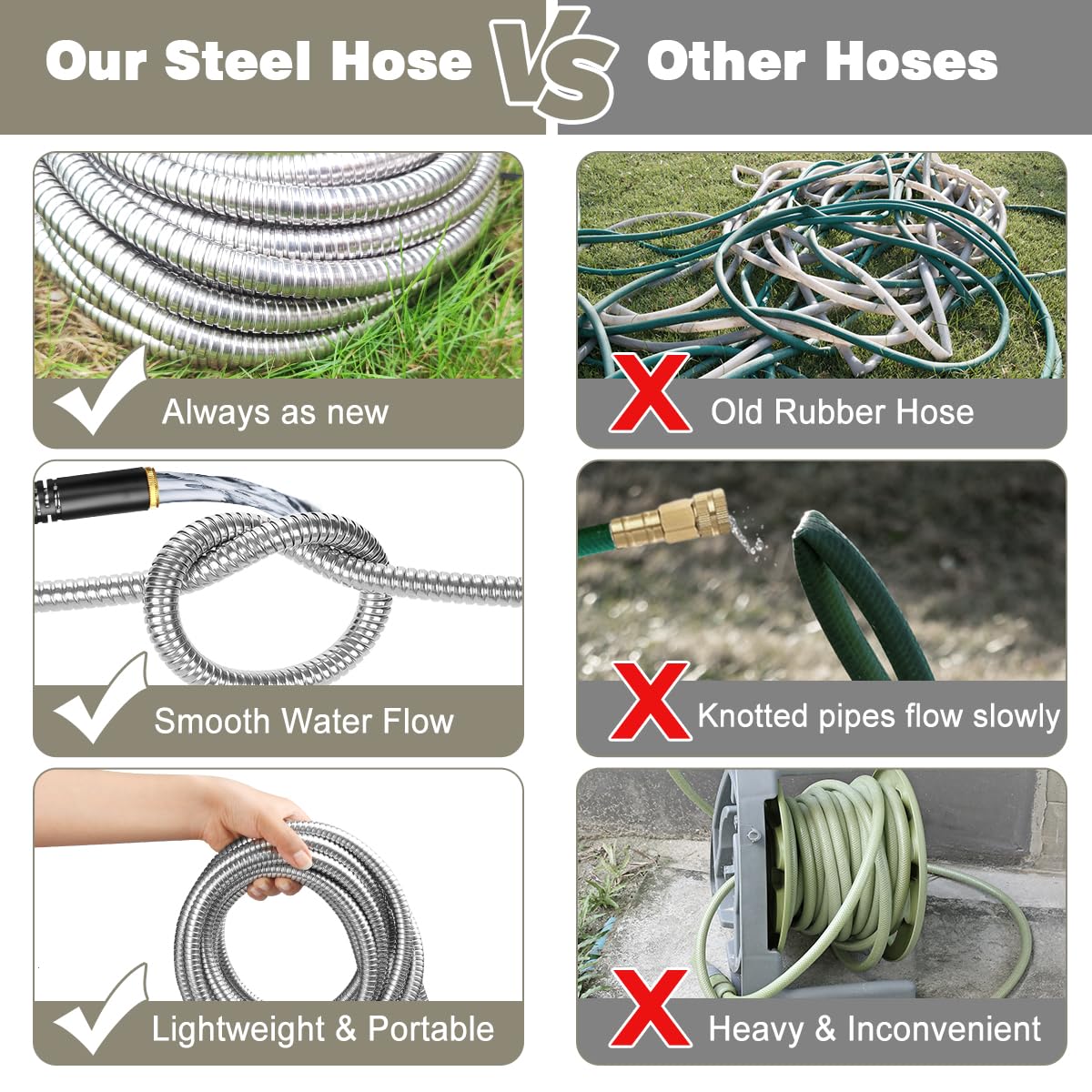 Omont Metal Garden Hose - 100FT Stainless Steel Water Hose With Nozzle - Durable, Flexible & Kink-Free