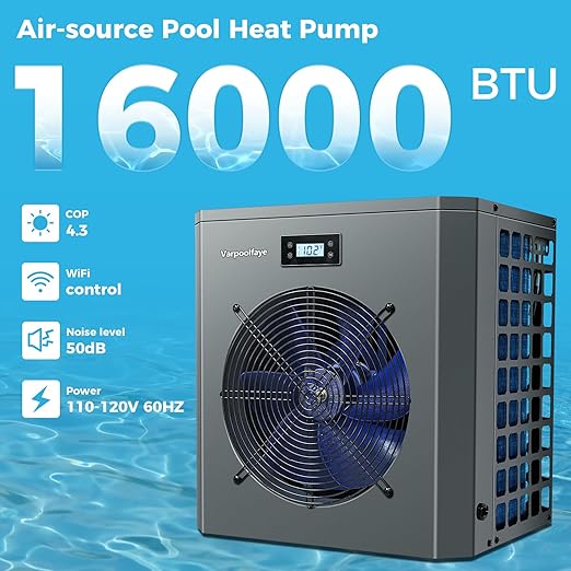 16000 BTU Heat Pump for Pools & Spas| 5000 Gallon Electric Pool Heater & Cooler with WiFi Timer | 120V Efficient Above Ground Pool Heating & Cooling Solution