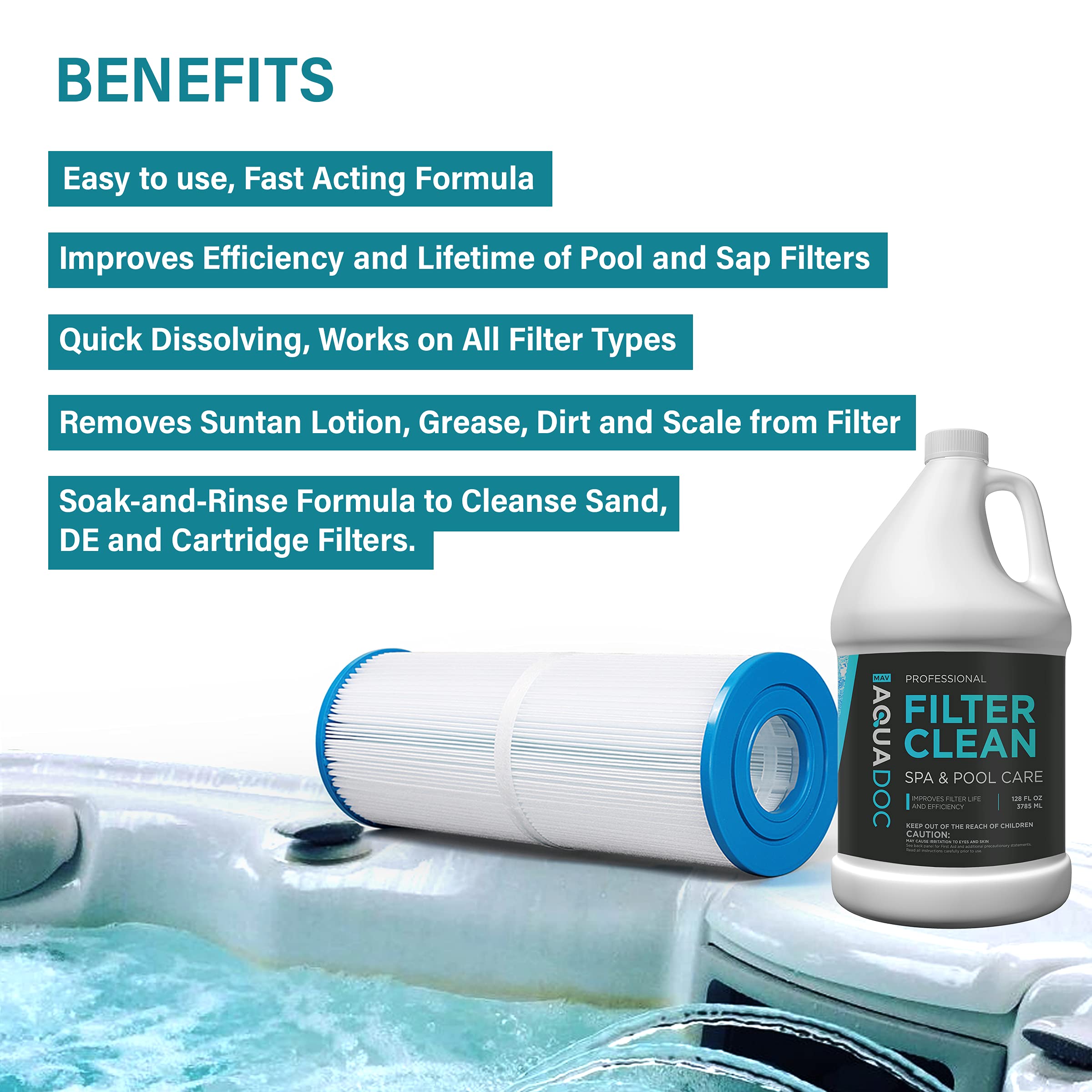 Hot Tub, Spa, and Pool Filter Cartridge Cleaner Soak - Easy to Use Filter Degreaser 1 Gallon