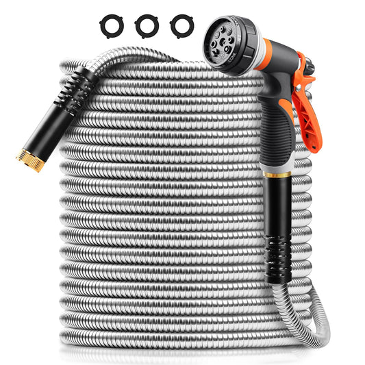 Omont Metal Garden Hose - 100FT Stainless Steel Water Hose With Nozzle - Durable, Flexible & Kink-Free