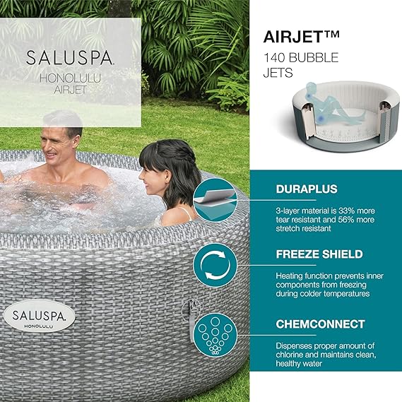 Bestway SaluSpa Honolulu AirJet Inflatable Hot Tub – 4-6 Person Spa with 140 Jets