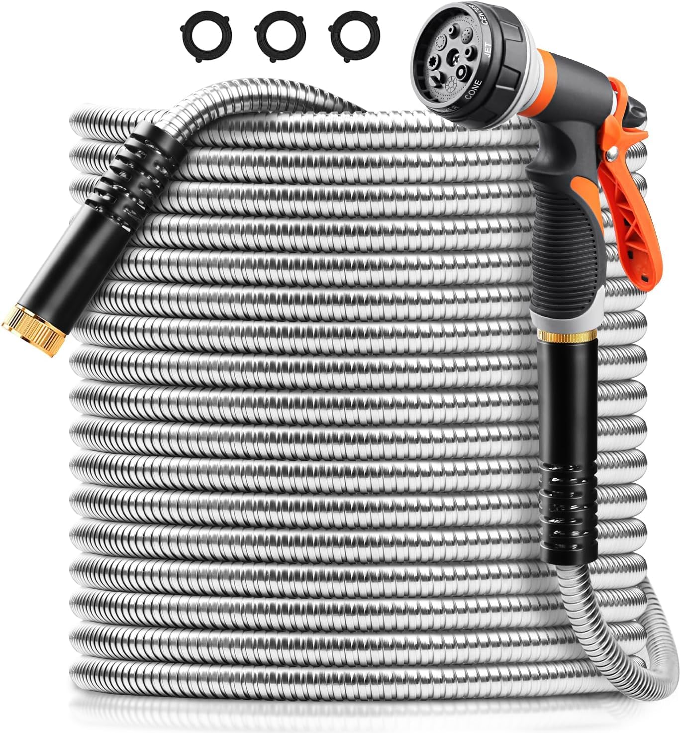 Omont Metal Garden Hose - 100FT Stainless Steel Water Hose With Nozzle - Durable, Flexible & Kink-Free