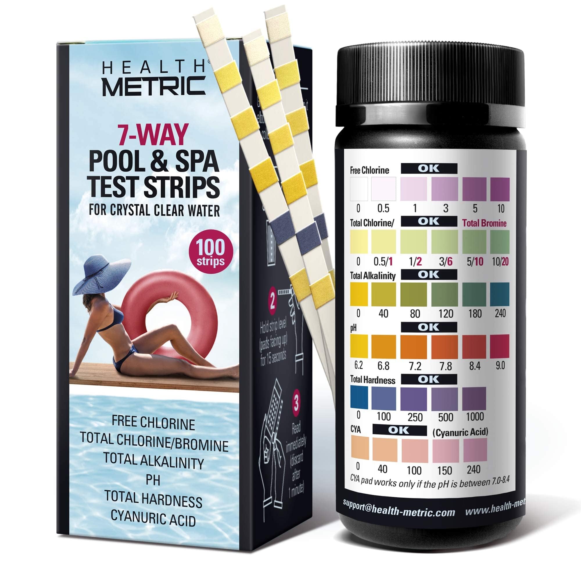 Health Metric 7-Way Pool, hot tub, and Spa Test Strips - 50 Count | Complete Water Testing Kit