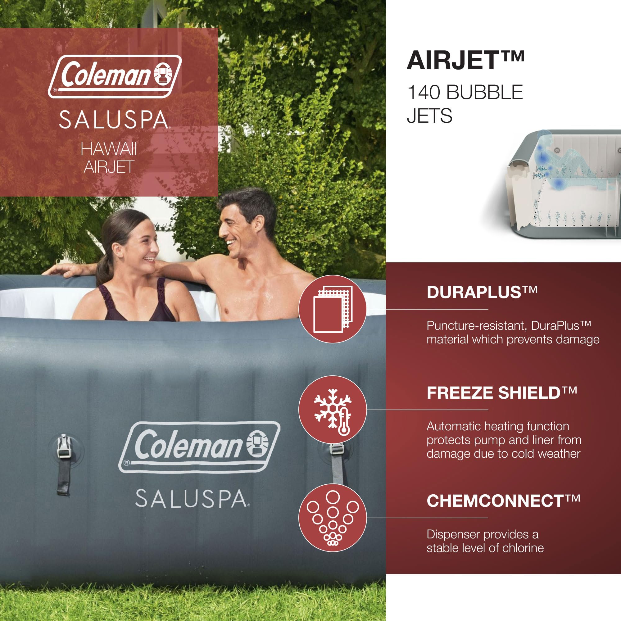 Coleman SaluSpa Inflatable Hot Tub Square Portable Outdoor Spa