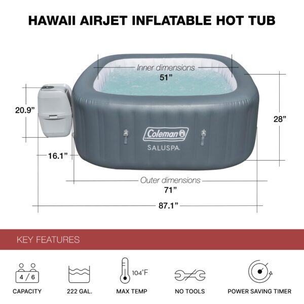 Coleman SaluSpa 6 Person Inflatable Hot Tub - Square Portable Outdoor Spa - Image 4